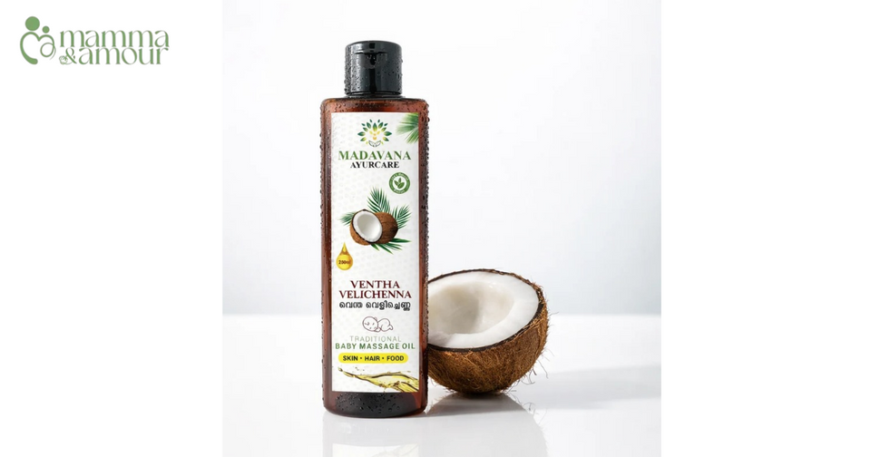 Pure Ventha Velichenna virgin coconut oil, traditional Kerala baby massage oil from Mamma and Amour