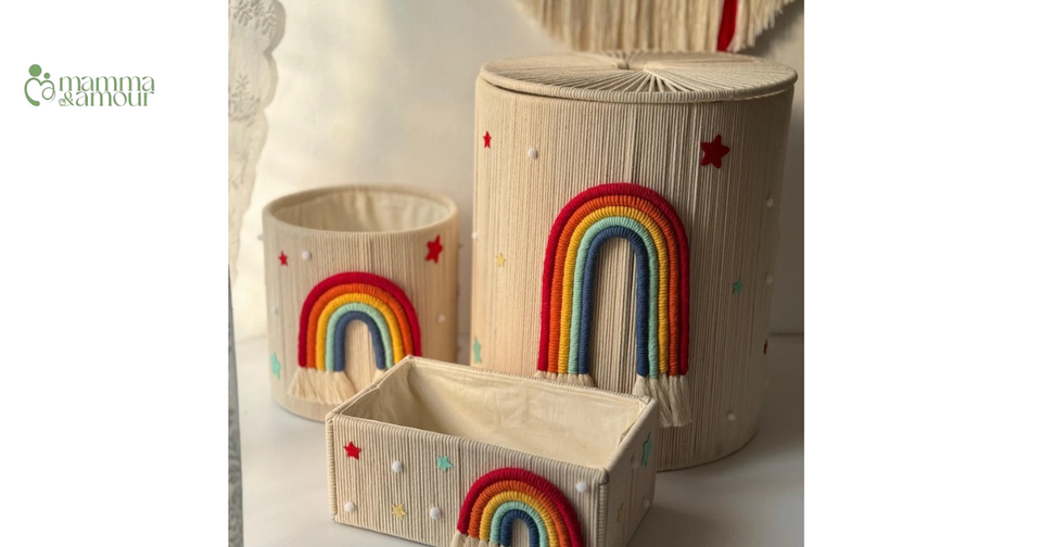 Mamma & Amour handwoven rainbow macrame storage baskets for boho nursery