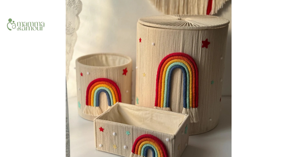 Mamma & Amour handwoven rainbow macrame storage baskets for boho nursery