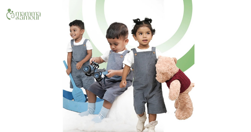 Mamma & Amour organic cotton dungarees for toddlers - monsoon baby clothing guide India