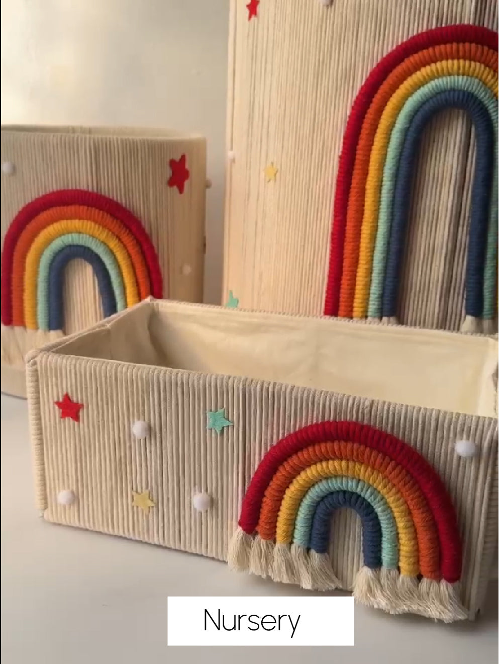 Handwoven rainbow macrame nursery storage basket with star accents - baby nursery decor by Mamma & Amour