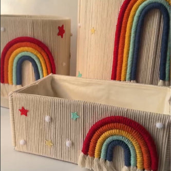 Handwoven rainbow macrame nursery storage basket with star accents - baby nursery decor by Mamma & Amour