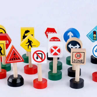 Wooden traffic signs educational toy set with stop, zone, and direction signs - eco-friendly wooden toys by Mamma & Amour