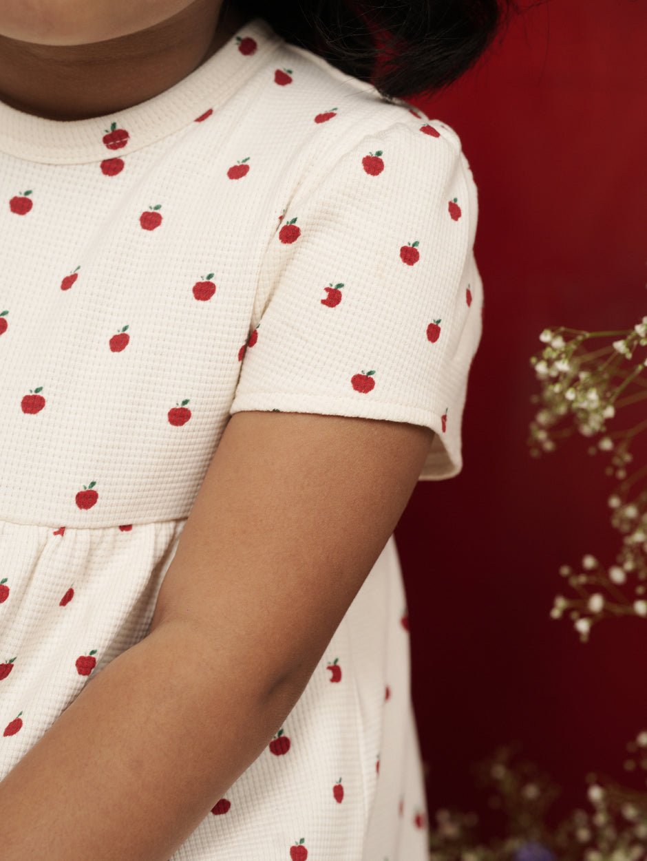 Apple Print Textured Dress With Bloomer