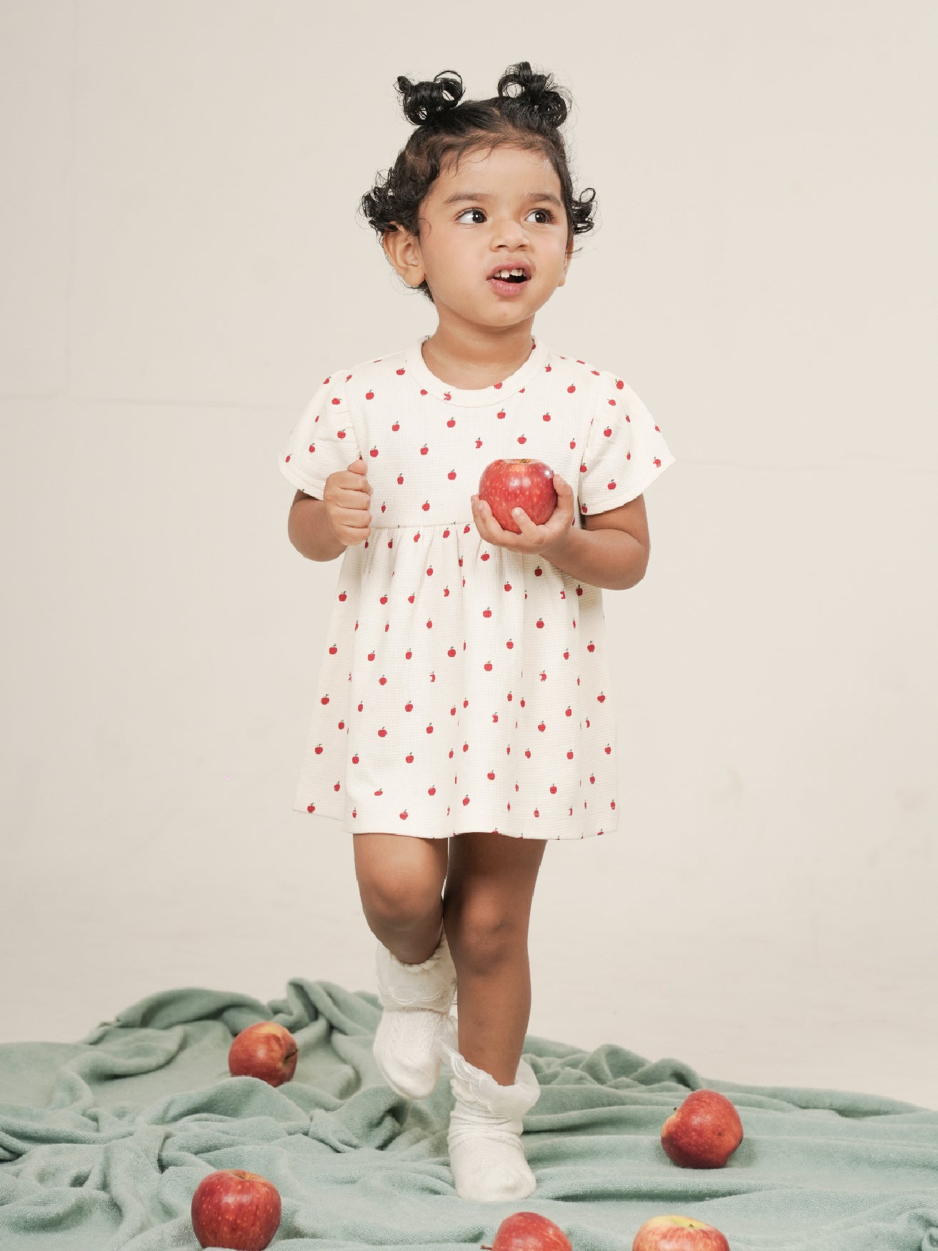 Apple Print Textured Dress With Bloomer