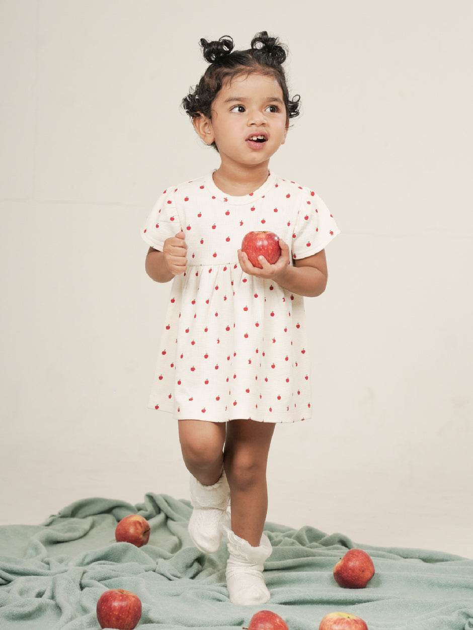 Apple Print Textured Dress With Bloomer