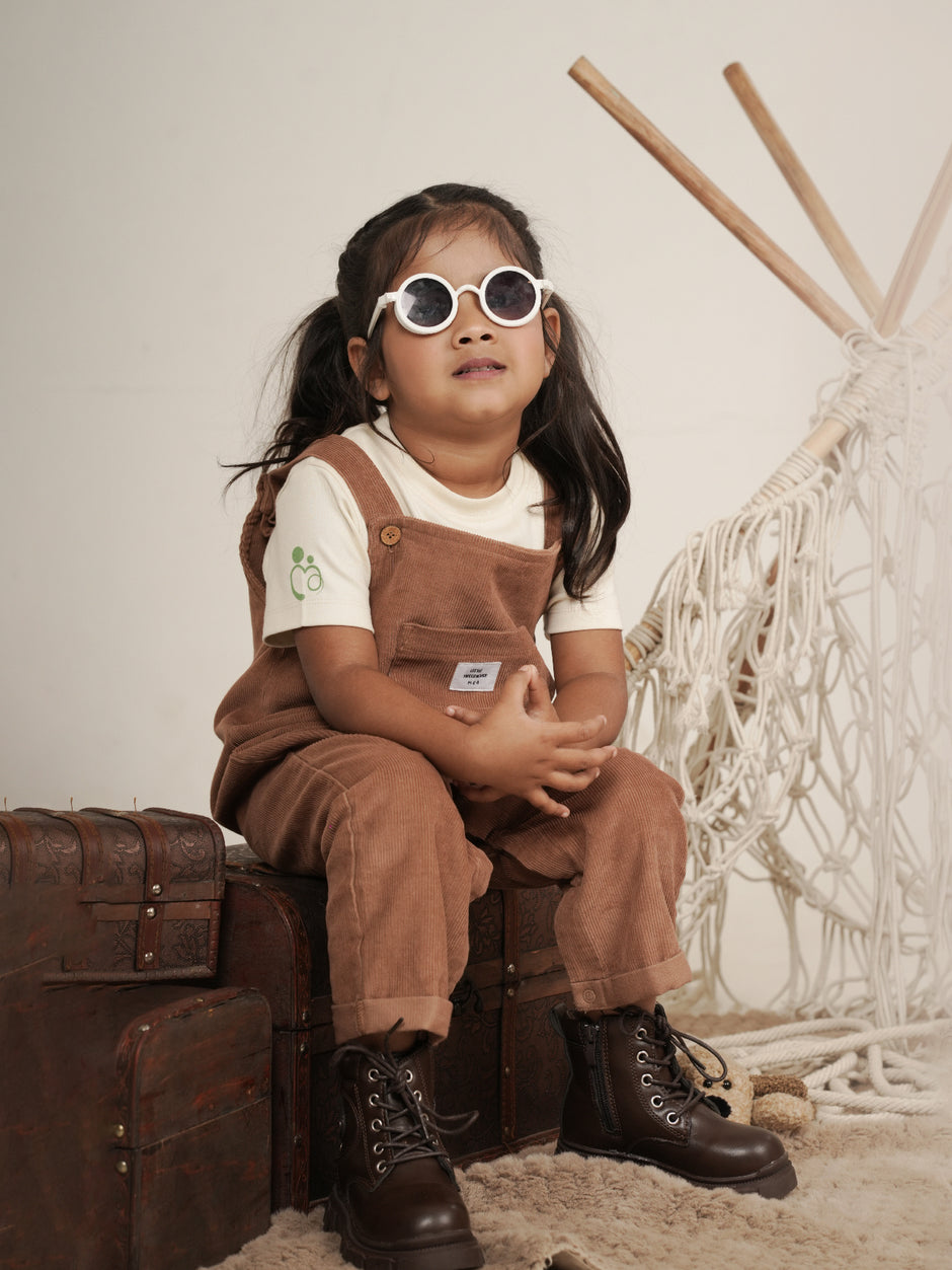 Brown Corduroy Dungaree And T-Shirt Set
