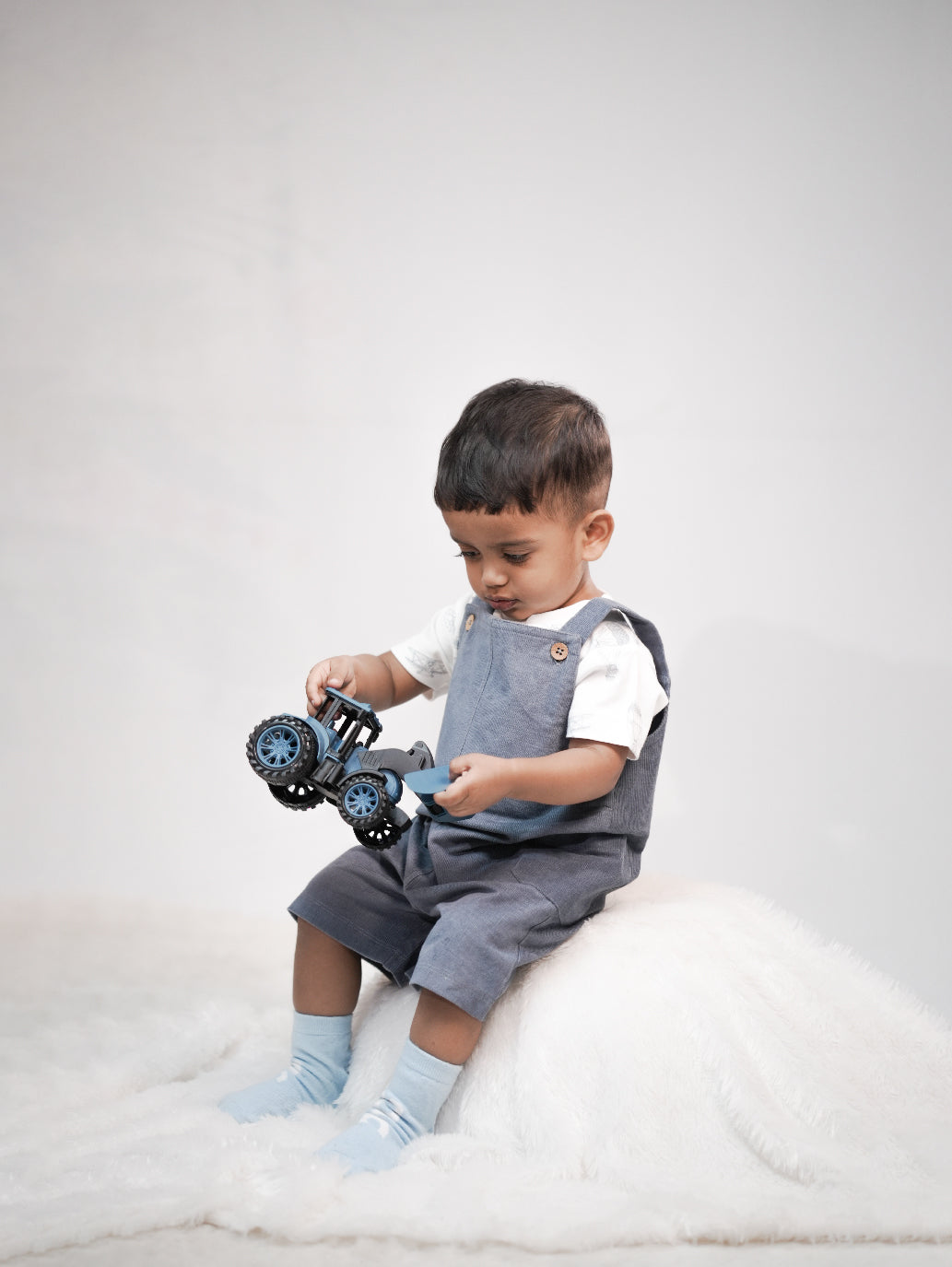 Light Navy Blue Corduroy 3/4th Dungaree Set