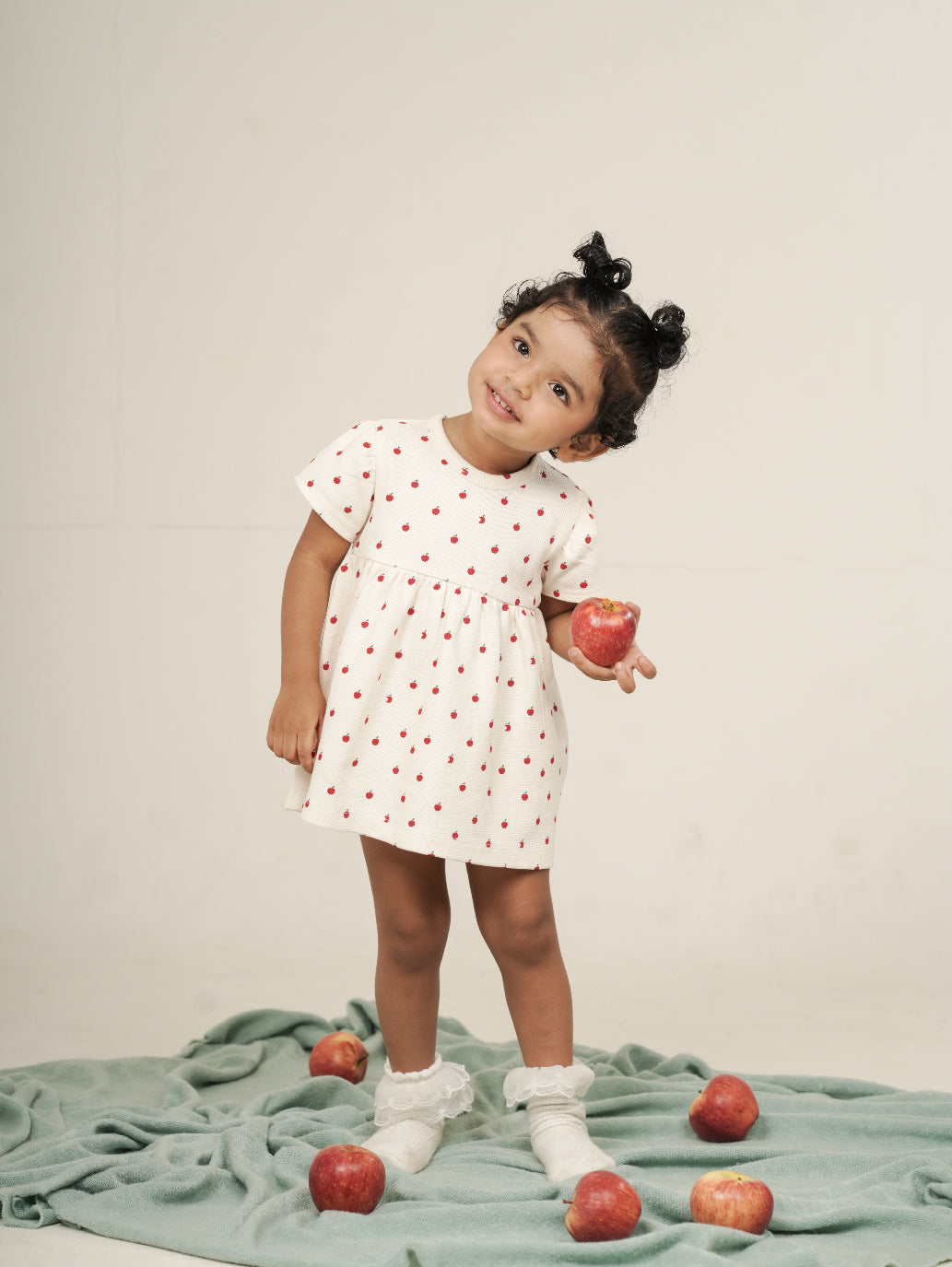 Apple Print Textured Dress With Bloomer