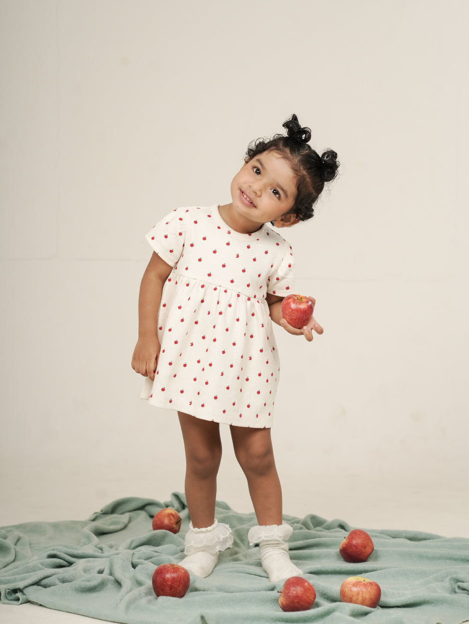 Apple Print Textured Dress With Bloomer