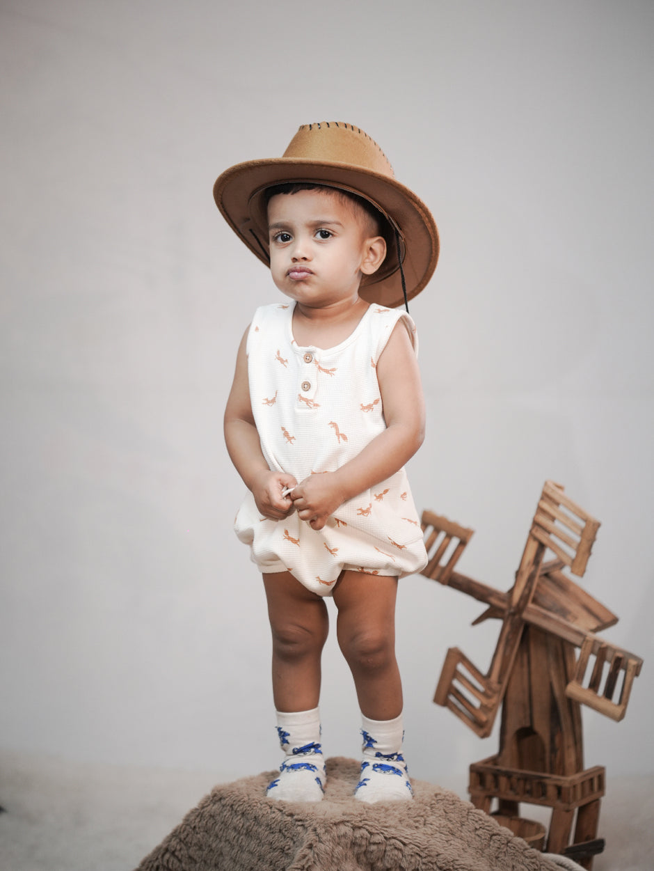 Fox Print Textured Bubble Romper