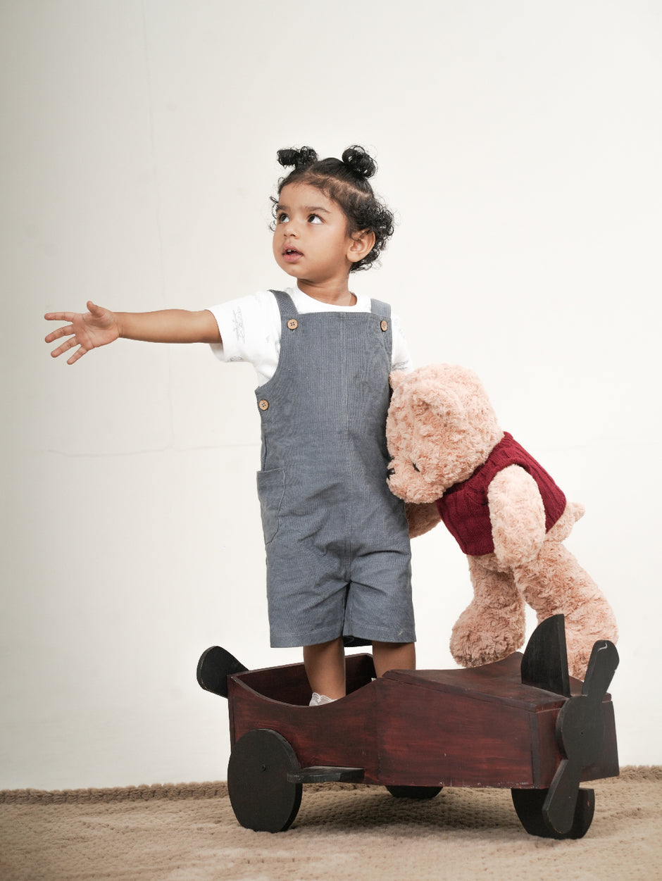 Light Navy Blue Corduroy 3/4th Dungaree Set