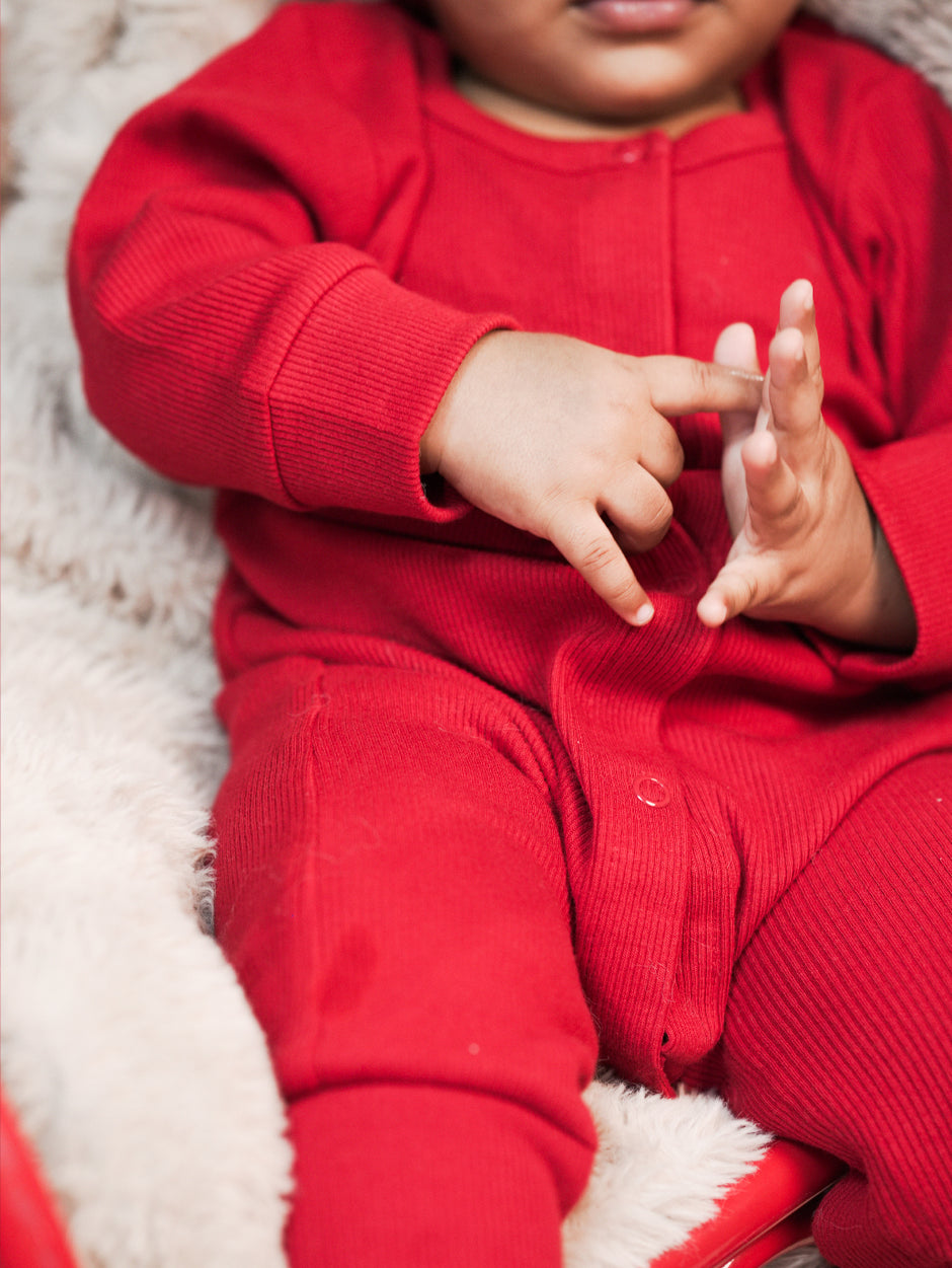 Cherry Red Textured Organic Cotton Sleepsuit