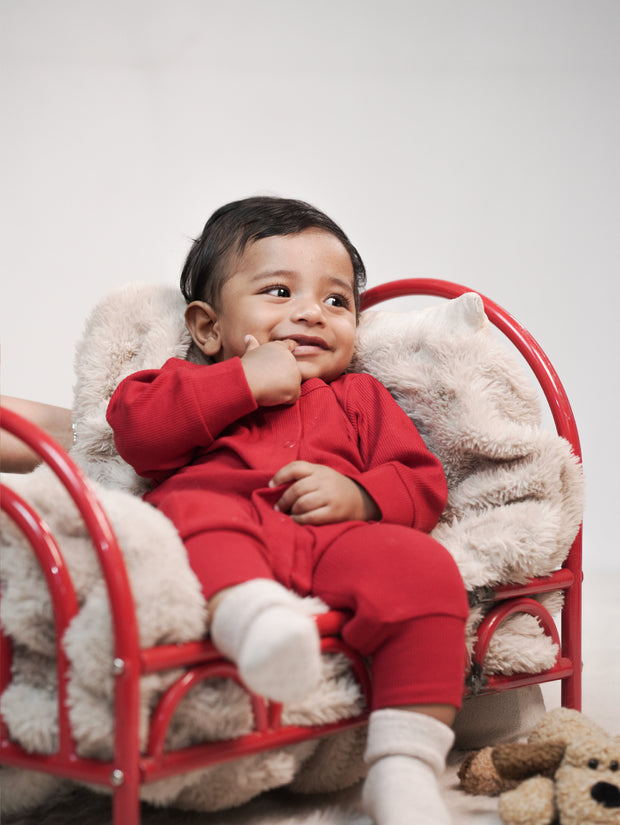 Cherry Red Textured Organic Cotton Sleepsuit