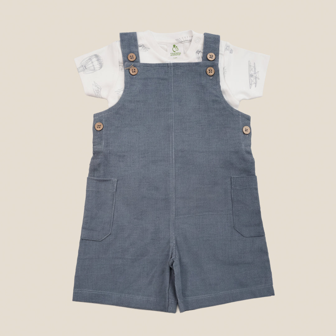 Light Navy Blue Corduroy 3/4th Dungaree Set