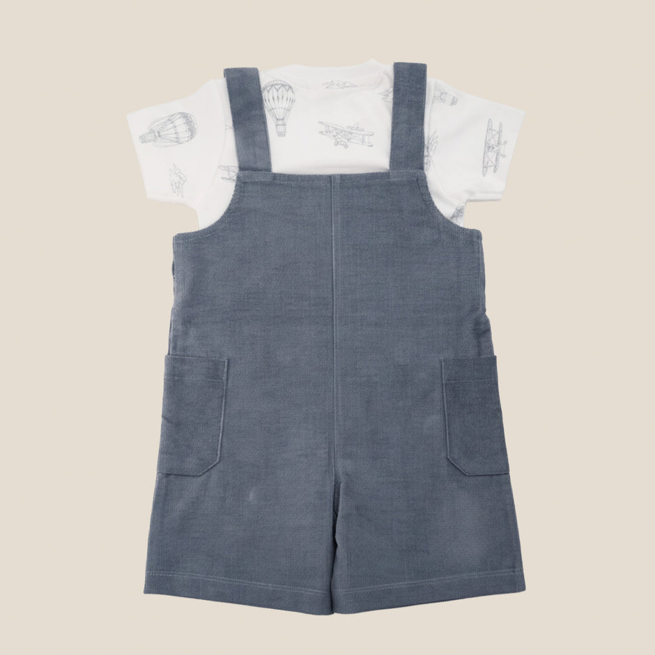 Light Navy Blue Corduroy 3/4th Dungaree Set