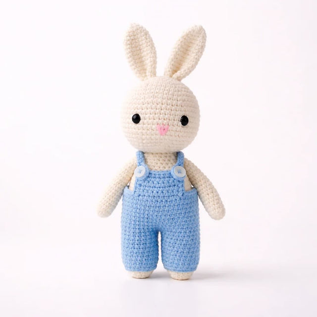 Mamma & Amour crochet bunny toy india soft toy for newborn in blue overalls