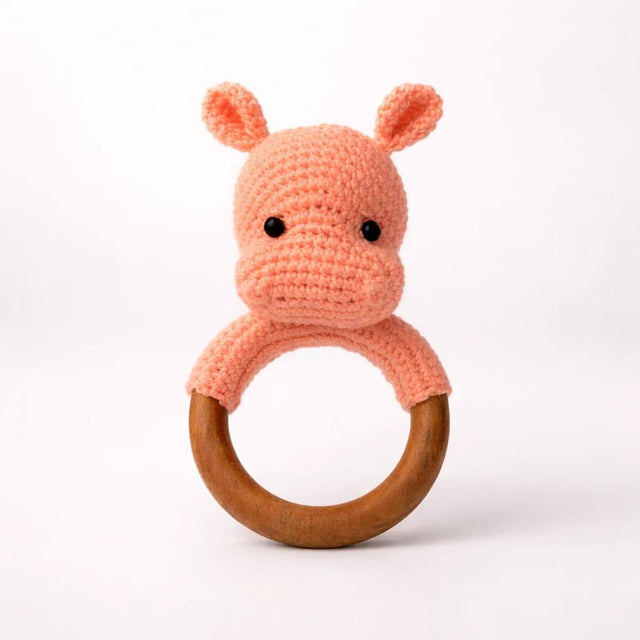 Mamma & Amour handcrafted baby rattle india - crochet toy with wooden ring for babies