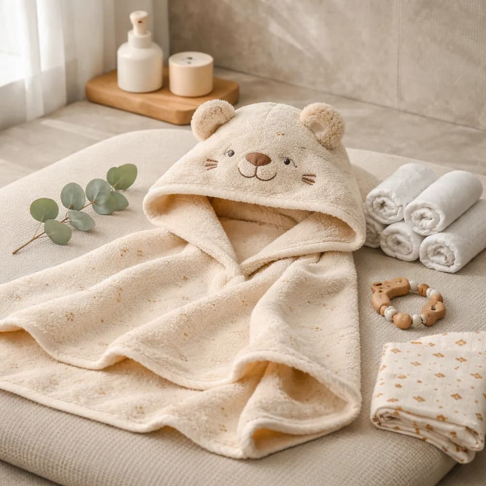 Mamma & Amour cream baby hooded towel india with bear ears for organic baby bath products