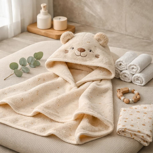 Mamma & Amour cream baby hooded towel india with bear ears for organic baby bath products