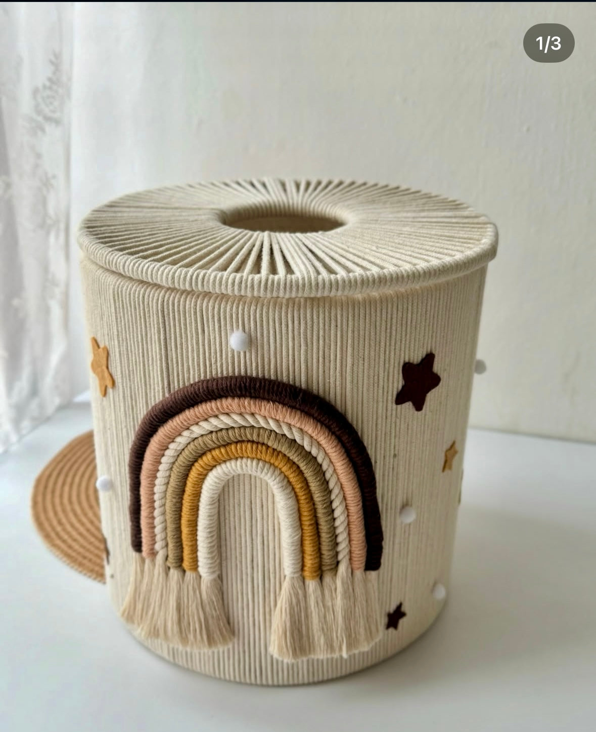 Handwoven nursery storage box with lid made of natural cotton cord for kids room decor
