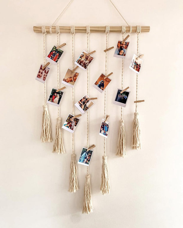 Handcrafted macrame wall hanging photo display hanger for nursery decor in India