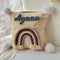 Personalized macrame rainbow cushion for baby nursery decor in India, featuring the custom name Ayaan