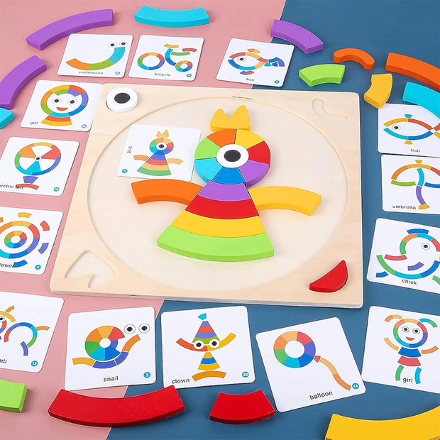 Wooden Rainbow Puzzle Learning Toy-Intelligence Brain Teaser Puzzle with 40 Puzzle Pieces and 30 Designs.