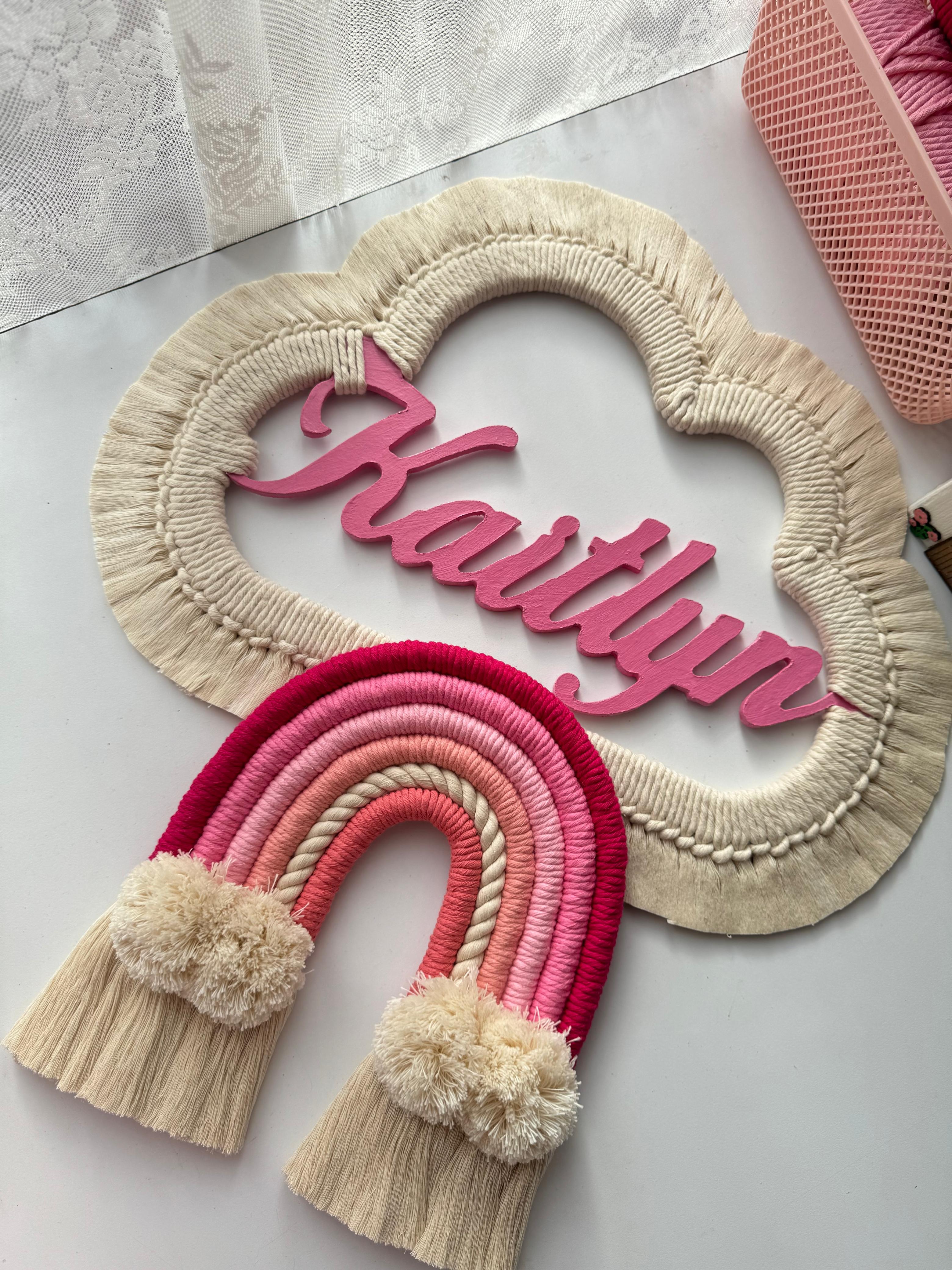 Personalised macramé baby name cloud wall hanging with rainbow by Mamma & Amour