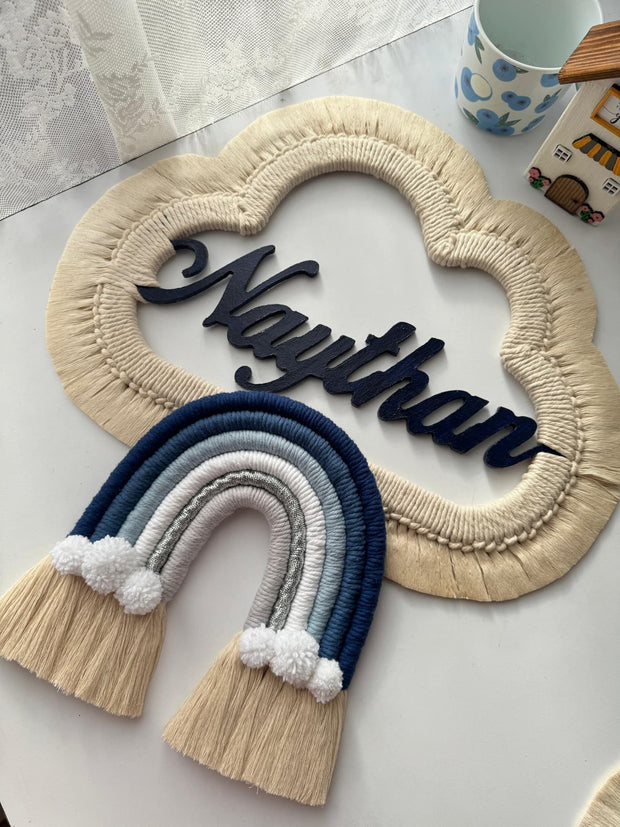 Mamma & Amour personalised Naythan baby name wall hanging india with navy blue macrame rainbow and cloud frame