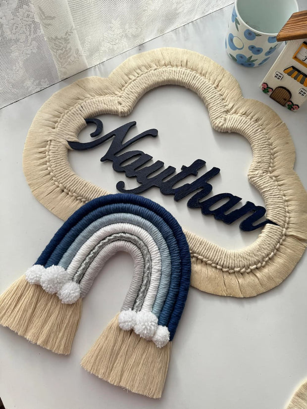 Mamma & Amour personalised Naythan baby name wall hanging india with macrame cloud frame and blue rainbow