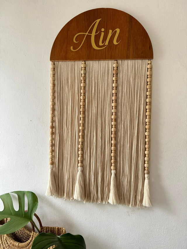 Mamma & Amour personalised Ain wooden baby name wall hanging india with macrame fringe tassels for baby room decor