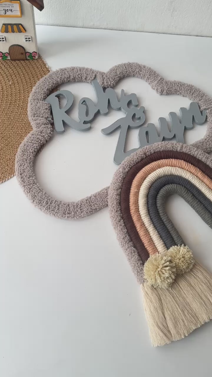 Mamma & Amour personalised macrame baby name cloud wall frame with cotton fringe nursery decor